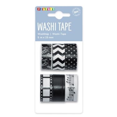 Washi/masking tape sort og hvid 5mx15mm 6rl